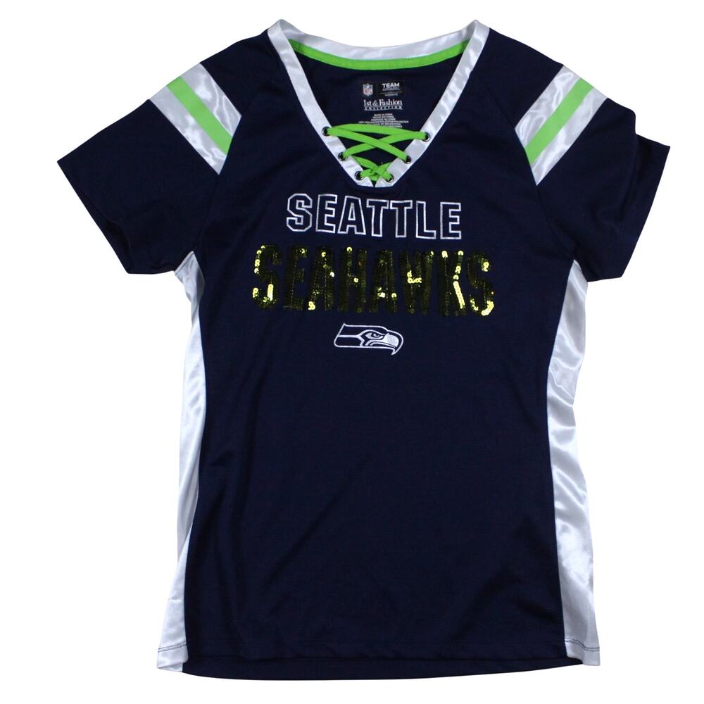 Women’s NFL team apparel Seattle Seahawks short sleeve shirt v-neck sequin sz M